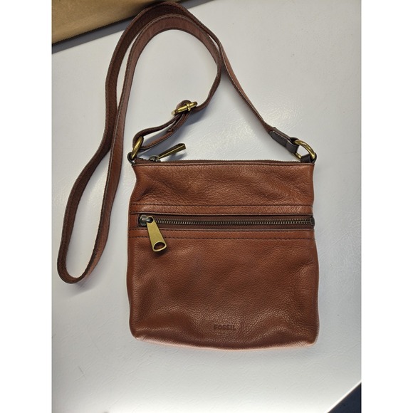 Fossil Handbags - Small Brown Fossil Pebble Cow Hide Leather Crossbody Bag Purse SHB2049 Brass